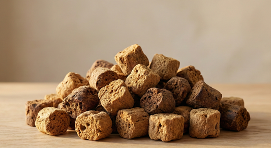Pile of chief's chews on a wooden surface with a neutral background